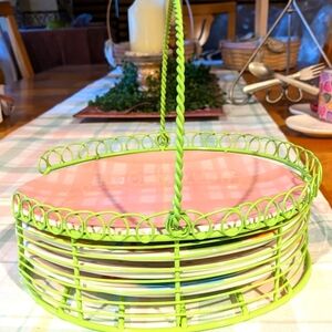 Picnic Oval Plates Ceramic Egg Plates Mixed Set Woven Metal Basket Spring Green